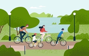 Cute family riding bicycles. Mom, dad and children on bikes at park. Parents and kids cycling together. Sports and leisure outdoor activity. Colorful vector illustration in flat cartoon style
