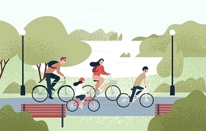 Happy family riding bicycles. Joyful mother, father, daughter and son on bikes at park. Parents and kids cycling together. Recreational outdoor activity. Vector illustration in flat cartoon style
