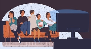 Group of friends sitting on sofa or couch in darkness and watching horror movie. Young girls and boys with scared faces look at TV screen. Colorful vector illustration in flat cartoon style