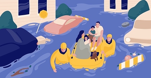 Flood survivors sitting in inflatable boat rescued by pair of rescuers. Family saved from flooded area or town. People and natural disaster. Colorful vector illustration in flat cartoon style