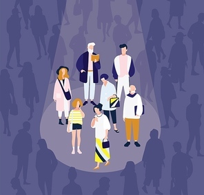 Men and women of various age illuminated by bright spot light against crowd of people in darkness on background. Concept of diverse focus group. Colorful vector illustration in flat cartoon style.