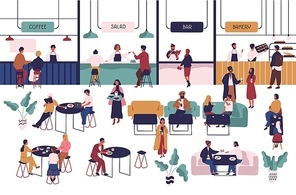 Tiny people sitting at tables in large hall and eating and vendors staying at counters. Men and women having lunch or dinner at food court. Colorful vector illustration in flat cartoon style.