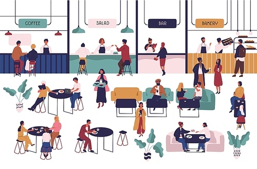 Tiny people sitting at tables in large hall and eating and vendors staying at counters. Men and women having lunch or dinner at food court. Colorful vector illustration in flat cartoon style.