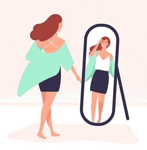 Young long-haired woman standing in front of mirror and looking at reflection. Beautiful girl dressing up. Female cartoon character viewing her outfit. Colorful vector illustration in flat style.