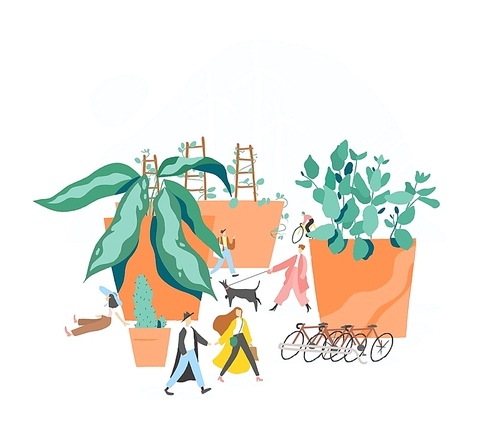 Concept of sustainable, eco or green city, car free area, urban sustainability, walkable urbanism. People walking among giant plants growing in pots. Colorful vector illustration in modern flat style