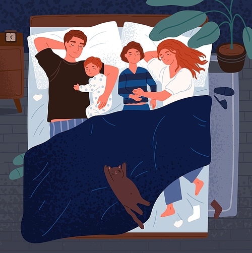 Mother, father and children sleeping together on one bed. Mom, dad and kids embracing each other and slumbering at night. Happy loving adorable family. Flat cartoon colorful vector illustration