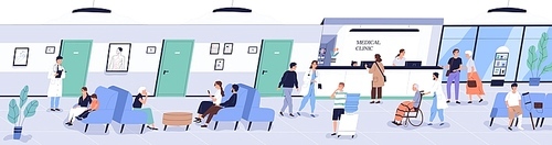 Reception area of medical center or hospital with people or patients waiting for doctor's appointment. Men, women and children at physician's office or clinic. Flat cartoon vector illustration