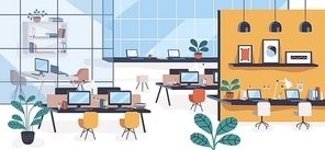 Modern office or open space with desks, computers, chairs. Comfortable co-working area or shared workplace full of stylish furniture and interior decorations. Colorful flat vector illustration