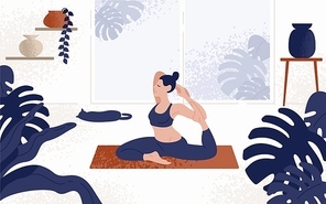 Young woman sitting in yoga posture and meditating. Girl performing aerobics exercise and morning meditation at home. Physical and spiritual practice. Vector illustration in flat cartoon style