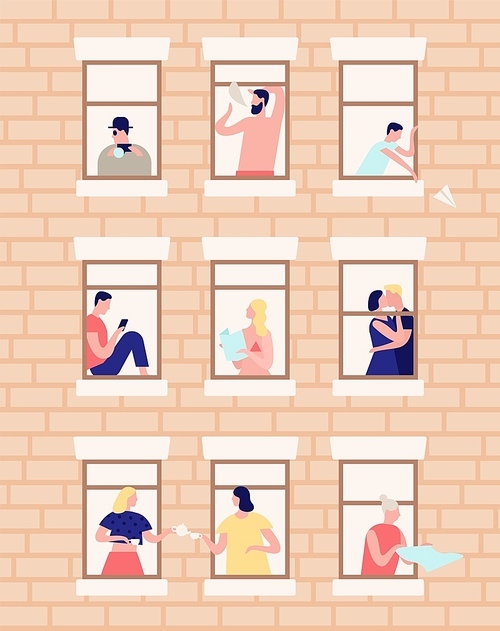 Neighbors and neighborhood. Exterior of building with opened windows and people living inside. Men and women drinking tea, reading, kissing in their apartments. Flat cartoon vector illustration.