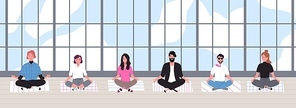 Office workers dressed in smart clothes sit with crossed legs and meditate against panoramic window on background. Business meditation and team building activity. Flat cartoon vector illustration