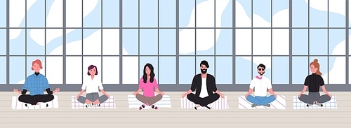 Office workers dressed in smart clothes sit with crossed legs and meditate against panoramic window on background. Business meditation and team building activity. Flat cartoon vector illustration