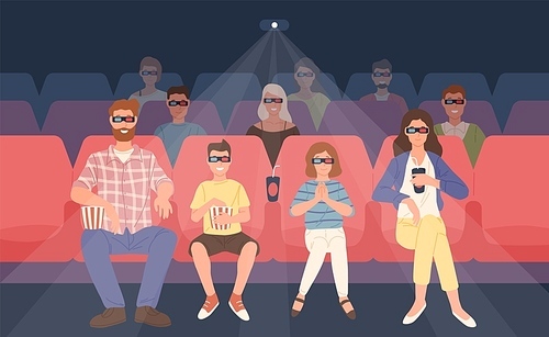 Joyful family sitting in stereoscopic movie theater or cinema hall. Mother, father and their children in 3d glasses watching three-dimensional film together. Flat cartoon colorful vector illustration.