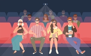 Happy men and women sitting in chairs at three-dimensional movie theater. Friends or mates in 3d glasses watching film or motion picture together. Colorful vector illustration in flat cartoon style.