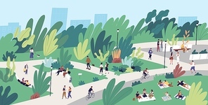 Landscape with people walking, playing, riding bicycle at city park. Urban recreation area with men and women performing leisure activities outdoors. Flat cartoon colorful vector illustration