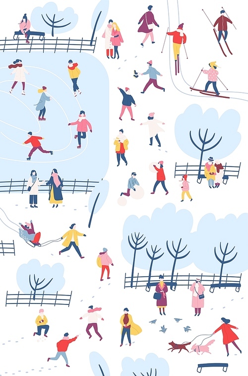 Tiny people dressed in winter clothes or outerwear performing outdoor activities at city park - walking, ice skating, skiing, building snowman. Colorful vector illustration in flat cartoon style