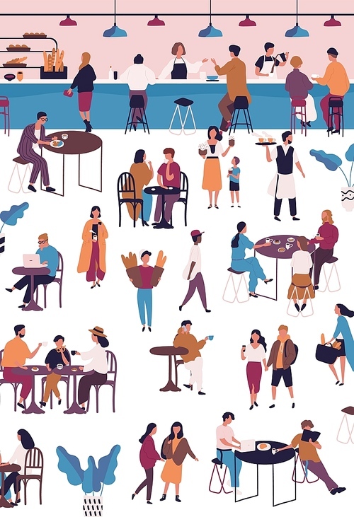 Tiny people at cafe, coffeehouse or espresso bar. Men and women sitting at tables, drinking coffee or tea, eating desserts and talking to each other. Vector illustration in flat cartoon style