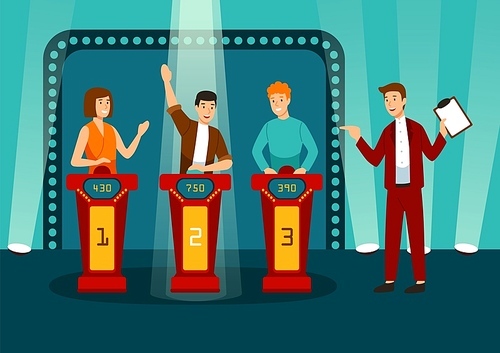 TV game show with three participants answering questions or solving puzzles and host. Smiling men and women participate in television quiz. Colorful vector illustration in flat cartoon style
