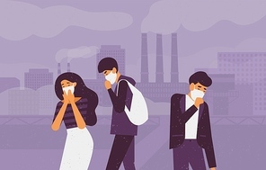 Sad people wearing protective face masks walking on street against factory pipes emitting smoke on background. Fine dust, air pollution, industrial smog, pollutant gas emission. Vector illustration.