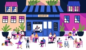 Many tiny people sitting at outdoor sidewalk cafe, coffeehouse or restaurant with tables, chairs on city street against building facades on background. Colorful illustration in modern flat style.