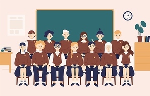 Class group portrait. Smiling girls and boys dressed in school uniform or pupils sitting in classroom against chalkboard on background and posing for photography. Flat cartoon vector illustration