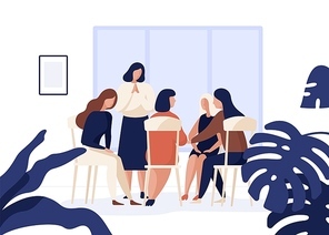 Female characters sitting on chairs in circle and talking to each other. Group therapy, psychotherapeutic meeting or psychological aid for women. Colorful vector illustration in modern flat style.