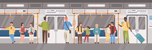People or city dwellers in metro, subway, tube or underground train car. Men and women in public transport. Male and female characters using rapid transit. Vector illustration in flat cartoon style.