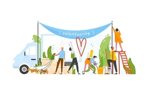Composition with group of men and women volunteering, doing volunteer work or performing altruistic activities together - planting tree, walking dogs, hanging banner. Modern flat vector illustration