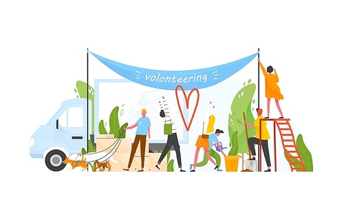 Composition with group of men and women volunteering, doing volunteer work or performing altruistic activities together - planting tree, walking dogs, hanging banner. Modern flat vector illustration