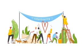 Group of people taking part in volunteer organization or movement, volunteering or performing altruistic activities together - walking dogs, hanging banner, watering plants. Flat vector illustration