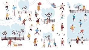 Crowd of tiny people dressed in outerwear performing outdoor activities in winter park - building snowman, throwing snowballs, walking dog. Colorful vector illustration in flat cartoon style