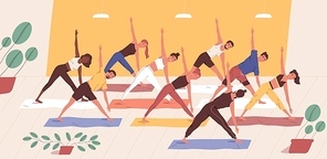 Cute funny people practicing yoga together. Group of smiling active men and women performing gymnastic exercise. Aerobics class, training, sports activity. Flat cartoon colorful vector illustration