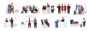 Bundle of scenes with tourists or aircraft passengers. Friends, families with children, couples at check-in, airport baggage reclaim area, waiting hall or in plane. Flat cartoon vector illustration