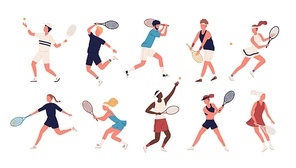 Collection of men and women dressed in sports apparel playing tennis. Set of sportsmen and sportswomen holding rackets and hitting ball isolated on white . Flat cartoon vector illustration