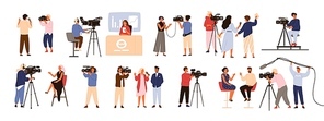 Collection of journalists, talk show hosts interviewing people, news presenters and cameramen or videographers with cameras isolated on white background. Vector illustration in flat cartoon style