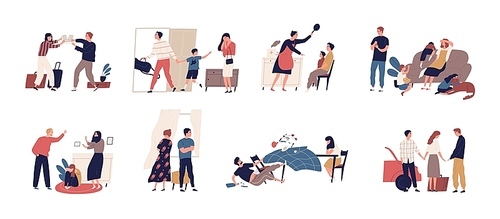 Collection of scenes of family conflict or relationship problem with unhappy married couples and children. Bundle of people breaking up, quarreling and fighting. Flat cartoon vector illustration