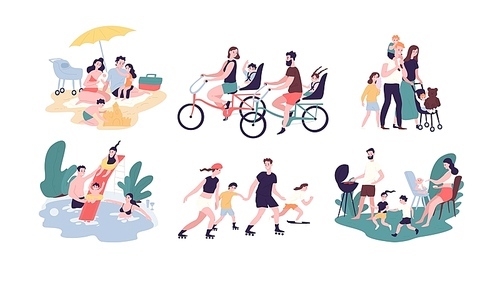 Collection of family outdoor recreational activities. Mother, father and children sunbathing, riding bikes, walking, swimming, roller skating, preparing barbecue together. Cartoon vector illustration.