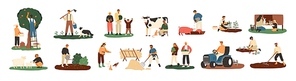 Set of farmers or agricultural workers planting crops, gathering harvest, collecting apples, feeding farm animals, carrying fruits, milking cow, working on tractor. Flat cartoon vector illustration