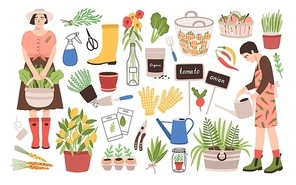 Collection of two female gardeners and gardening tools - watering can, fruit baskets, seeds, pruner, trowel, rubber boots, gloves, seedlings, potted plants. Cartoon vector illustration in flat style