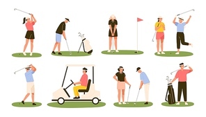 Collection of golf players isolated on white background. Bundle of male and female golfers hitting ball with clubs, driving cart. Outdoor sports or leisure activity. Flat cartoon vector illustration