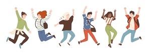 Group of young joyful laughing people jumping with raised hands isolated on white background. Happy positive young men and women rejoicing together. Colored vector illustration in flat cartoon style.