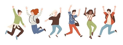 Group of young joyful laughing people jumping with raised hands isolated on white . Happy positive young men and women rejoicing together. Colored vector illustration in flat cartoon style.