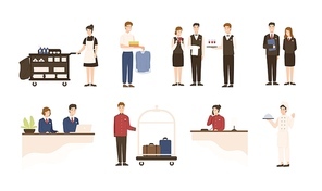 Collection of hotel staff - receptionist, maid or housekeeping service and laundry attendant workers, waiters and waitresses, chief, bellhop isolated on white . Cartoon vector illustration.