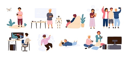 Set of cute happy children performing various activities or doing hobbies - playing games on computer or console, programming, launching drone, wearing VR headset. Flat cartoon vector illustration