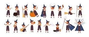 Collection of cute little witch in hat flying on broom, making magic potion in pot, reading books. Set with girl practicing witchcraft isolated on white . Flat cartoon vector illustration