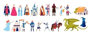 Collection of cute funny male and female characters and items and monsters from medieval fairytale or legend isolated on white background. Colorful vector illustration in flat cartoon style.