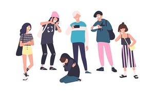 Sad teenage boy sitting on floor surrounded by classmates mocking him, scoffing, taking photos on smartphones. Problem of mockery and bullying at school. Flat cartoon colorful vector illustration
