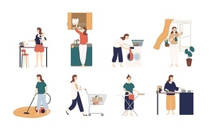 Collection of scenes with woman or housewife doing housework - washing dishes, ironing clothes, cleaning window, cooking, feeding baby, shopping. Colorful vector illustration in flat cartoon style
