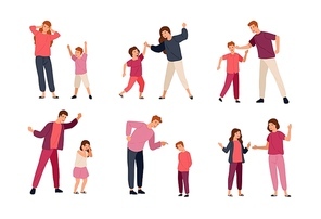 Collection of conflicts between parents and children isolated on white . Problem of mutual aggression, offensive behavior, disobedience. Colorful vector illustration in flat cartoon style.
