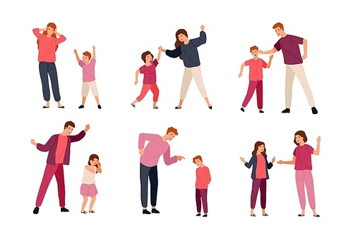 Collection of conflicts between parents and children isolated on white . Problem of mutual aggression, offensive behavior, disobedience. Colorful vector illustration in flat cartoon style.